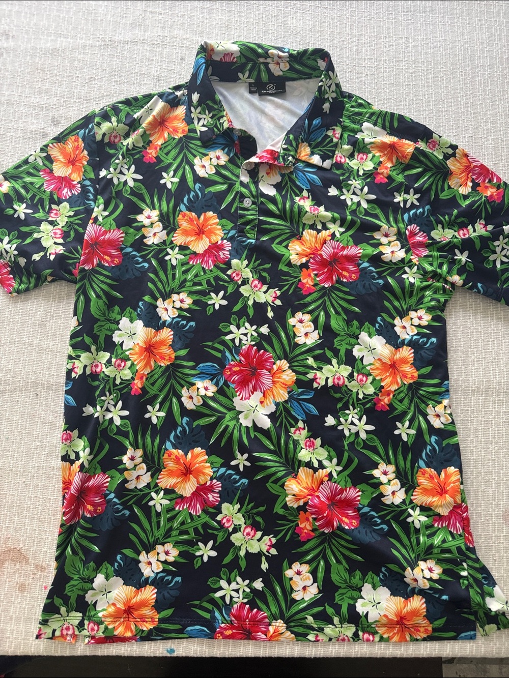 Men's Navy Floral Hawaiian Polo Shirt